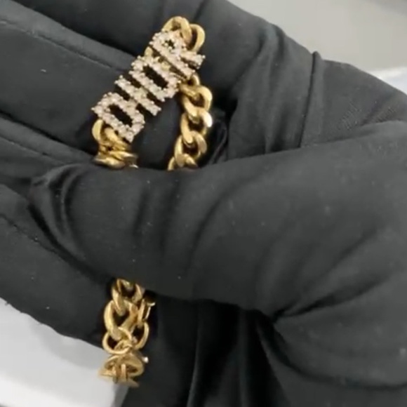 Dior Jewelry - Christian Dior Gold Plated Crystal Logo Bracelet Curb Chain 6-8” Lobster Clasp